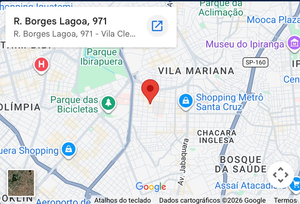 Mapa mostrando a localização do consultório na R. Borges Lagoa, 971, Vila Clementino